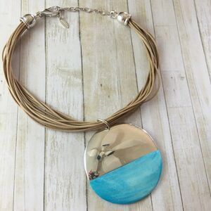 Vintage St. Thomas Blue Shell Disc Cord Statement Necklace